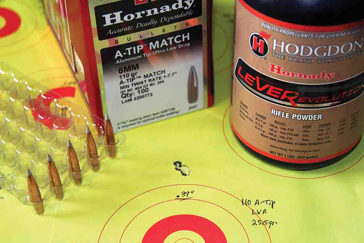 From the CMMG Endeavor AR, Hornady’s A-Tip Match over 25.5 grains of Hodgdon LEVEREVOLUTION produced the best group; .39 inch at 2,263 fps.